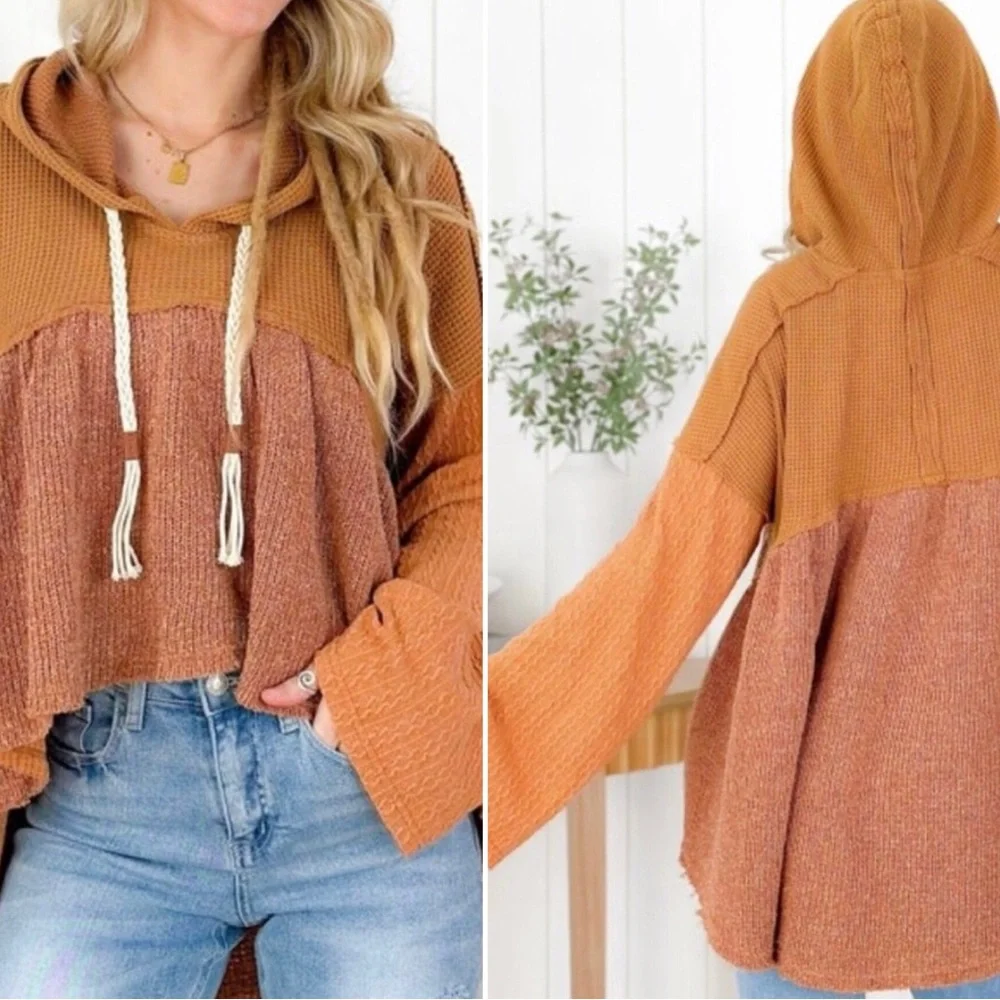 Pol Boho Ruffled Colorblock Hooded Top with Drawstring - Picture 2 of 7